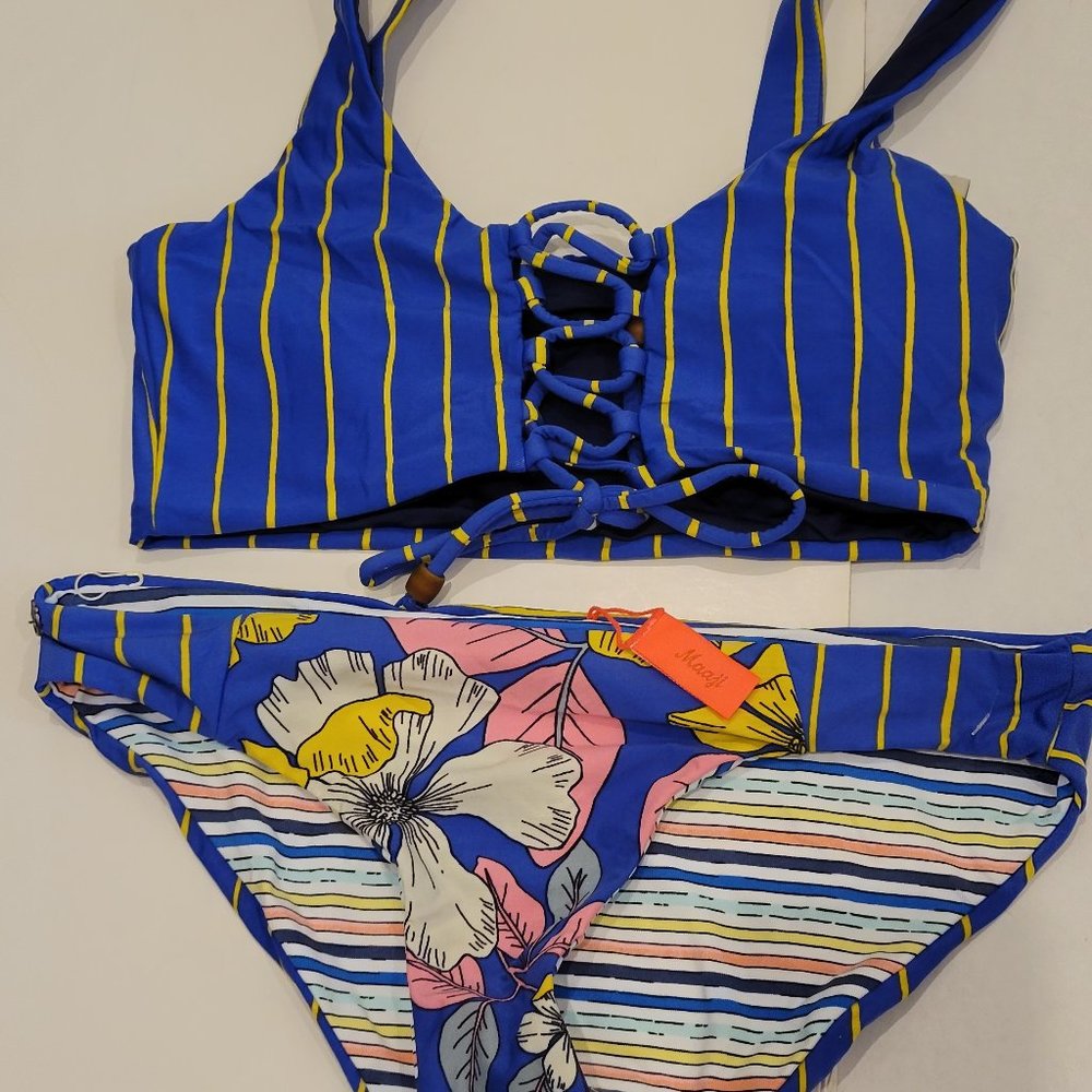 Maaji 4 way reversible danzel bikini  small BLue-yellow stripe navy reverse